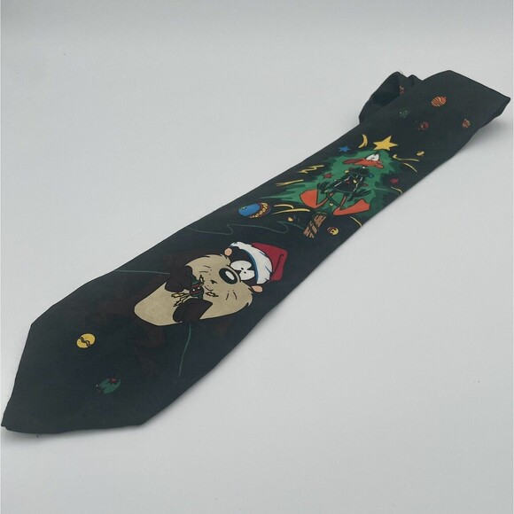 Looney Tunes Mania Tie Tazmanian Devil & Daffy Duck Black Christmas Tie 1995 Fun - Picture 4 of 9